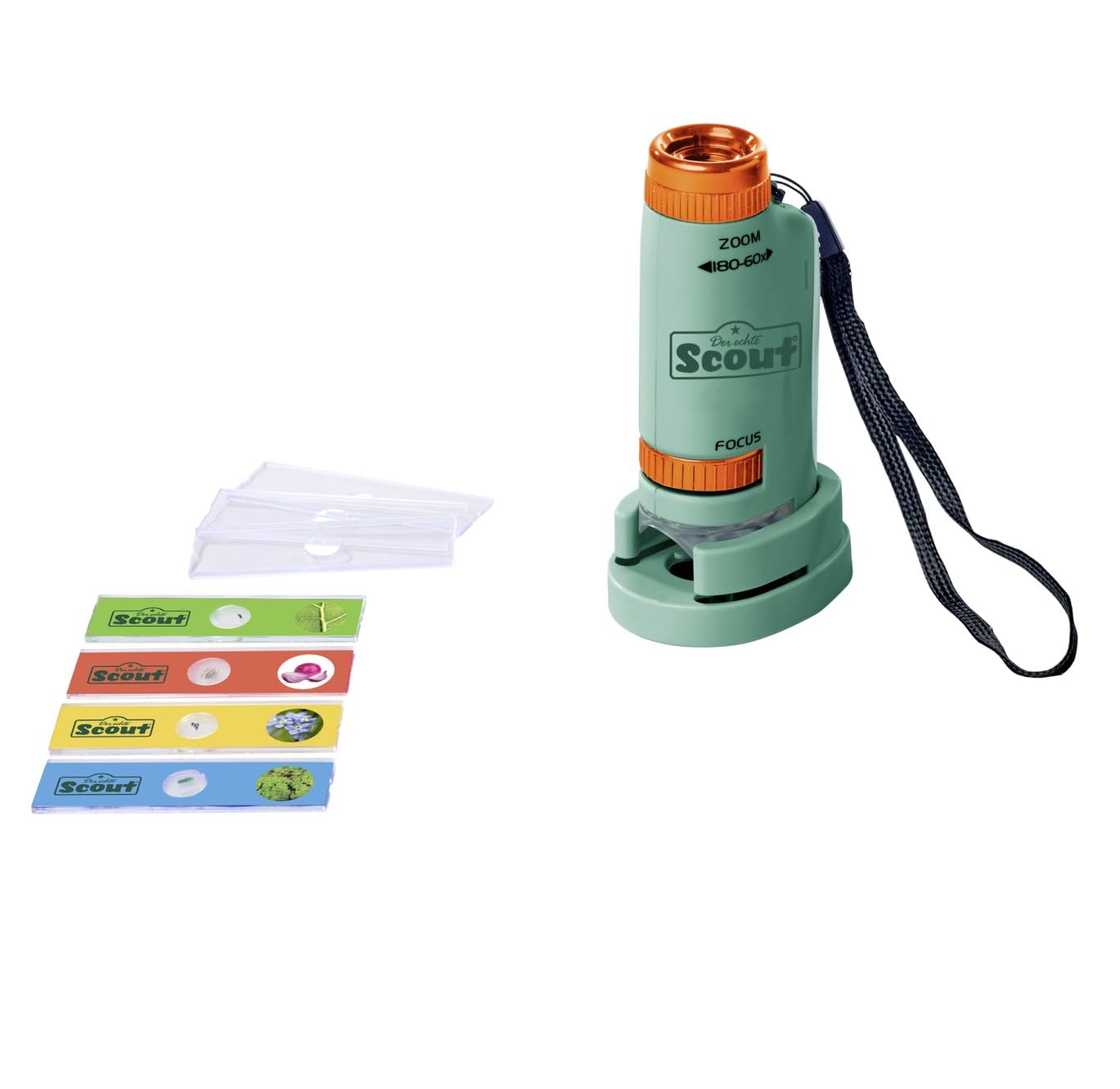 Simba 109452666 - Scout Kinder-Mikroskop ab 5 Jahre - kleines Taschenmikroskop (11 cm) mit 60-180-facher Vergrößerung, 7 Objektträgern & Licht