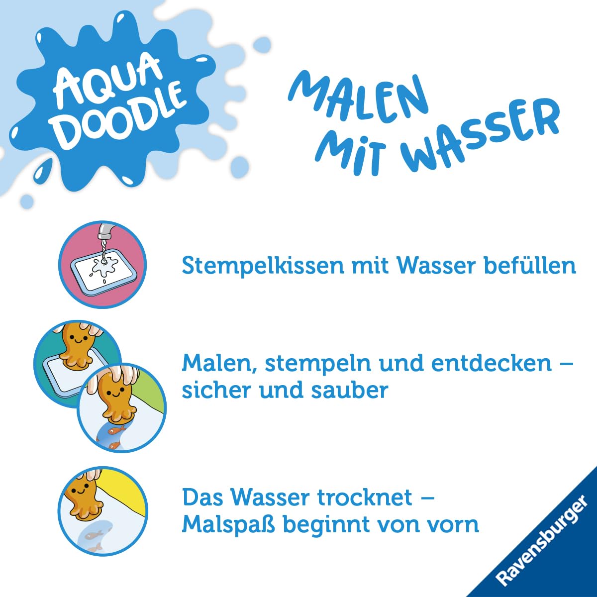 Ravensburger 4568 Aquadoodle Magic Ocean - Fleckenfreies Stempeln und Entdecken mit Wasser - Stempelset mit magischer Stoffmatte für Babys ab 1 Jahr