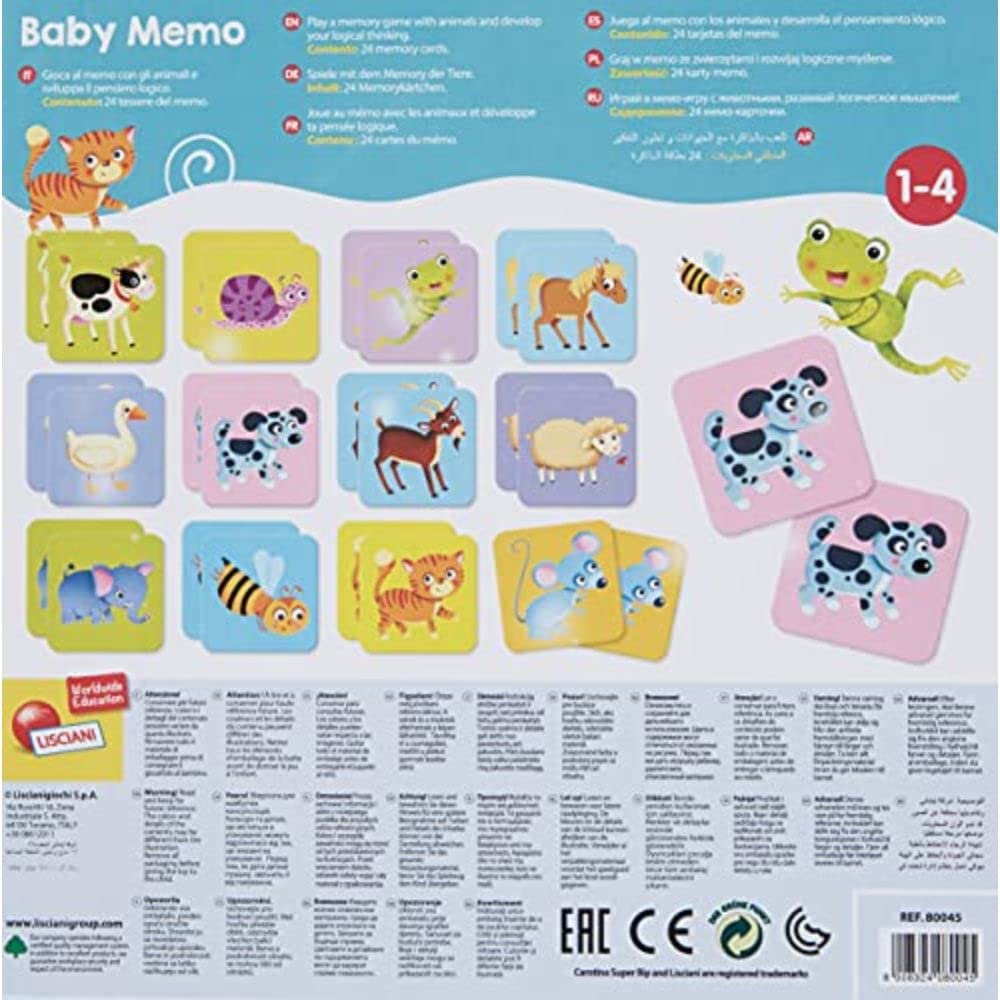 Lisciani - CAROTINA BABY - Baby Memo - Tiere - 24 Karten - Lernspiel für Kinder von 1 bis 4 Jahren - Pädagogisches Gesellschaftsspiel - Gedächtnis