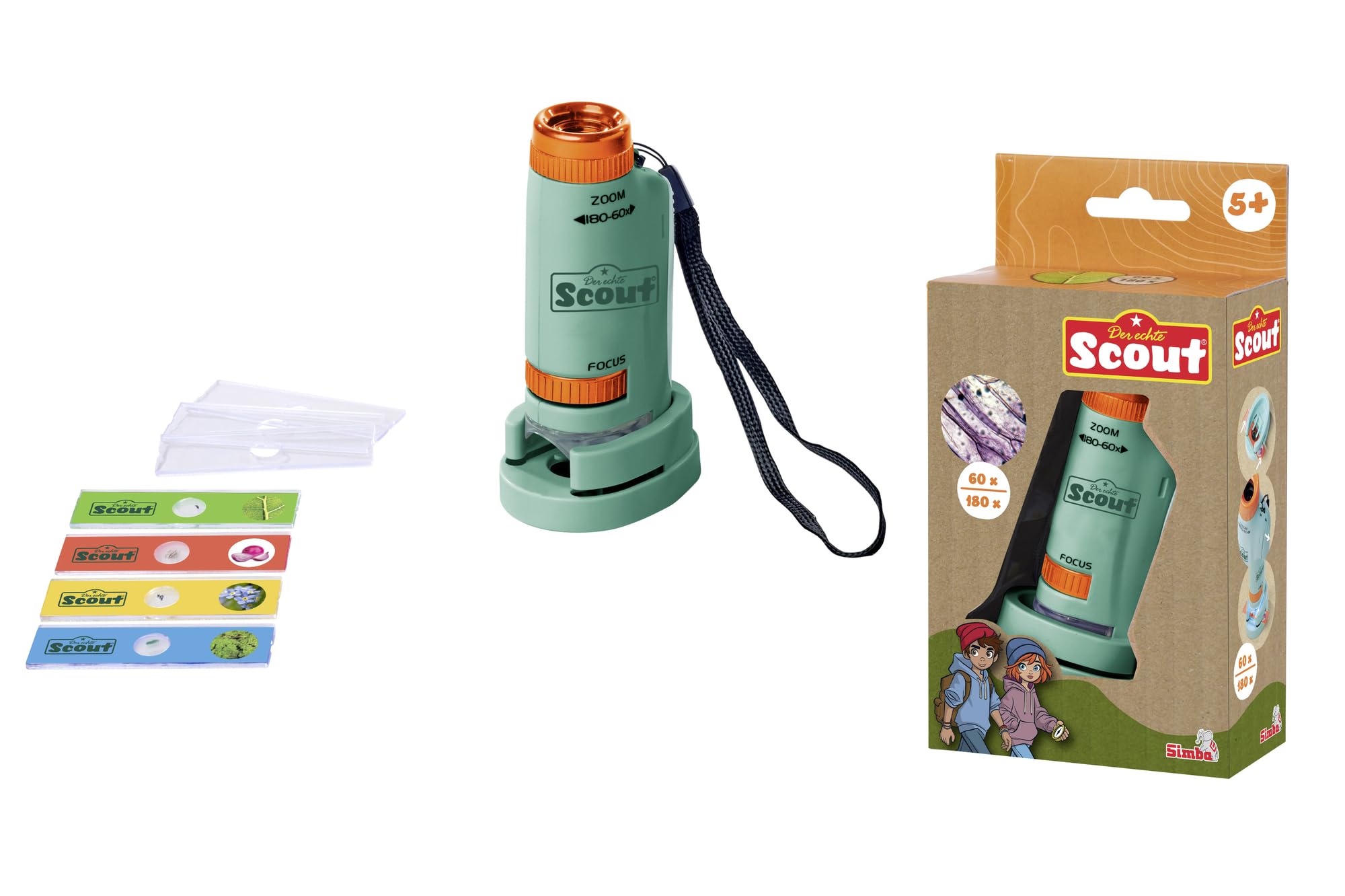 Simba 109452666 - Scout Kinder-Mikroskop ab 5 Jahre - kleines Taschenmikroskop (11 cm) mit 60-180-facher Vergrößerung, 7 Objektträgern & Licht