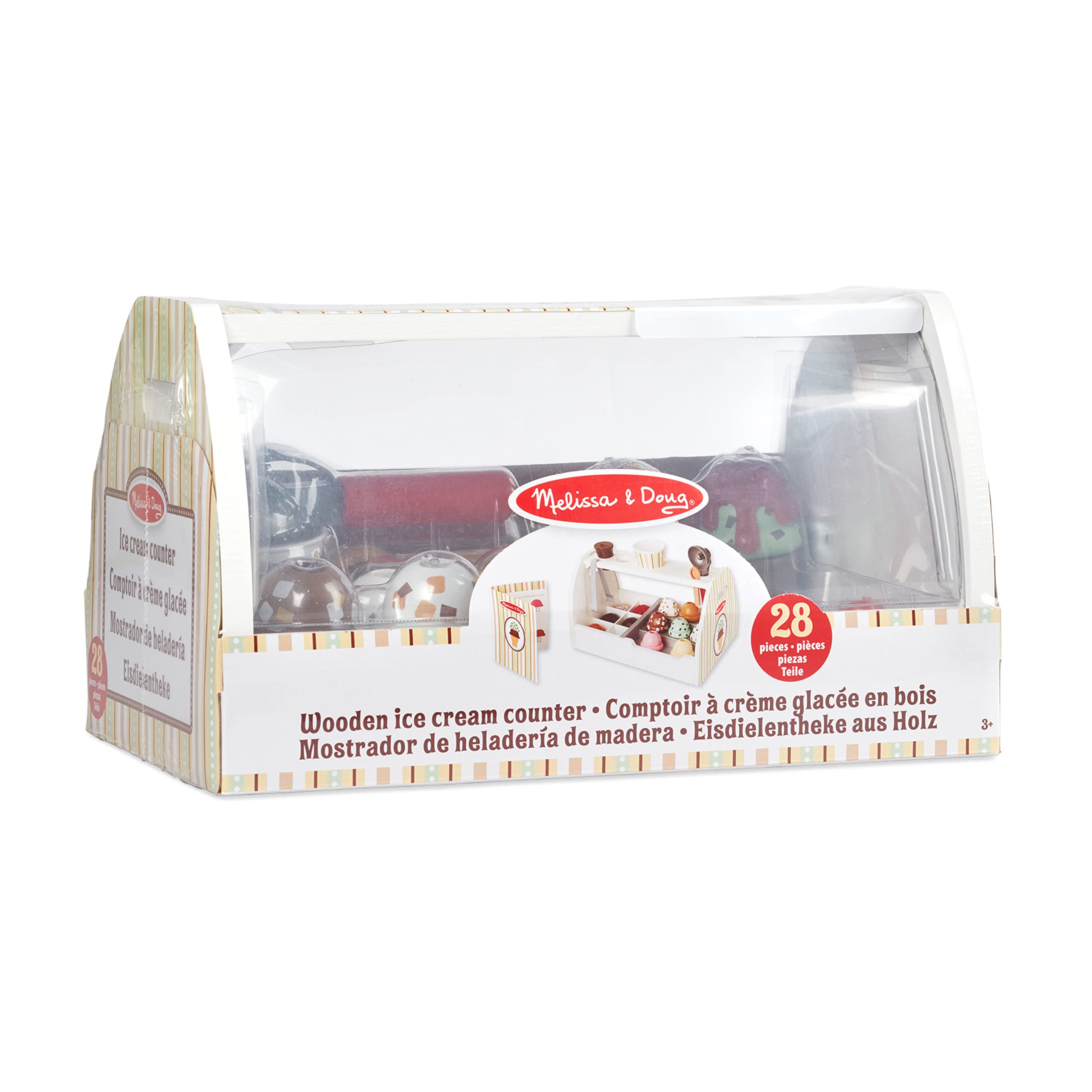 Melissa & Doug Eisdiele aus Holz - 28-teiliges Spielset zum Portionieren und Servieren von 8 Sorten Eiscreme in Eistüten oder im Eisbecher, Spielgeld