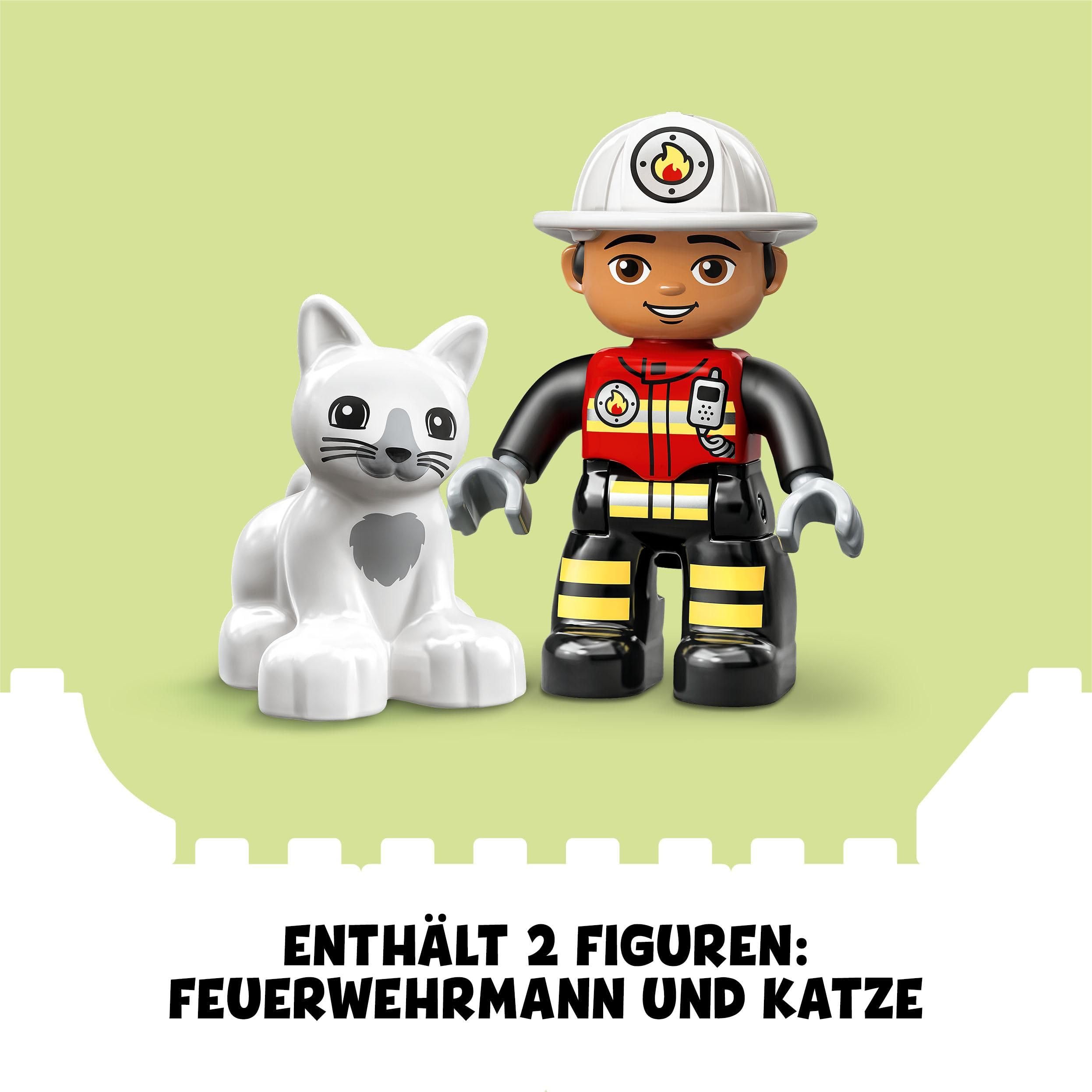 LEGO DUPLO Feuerwehrauto - Minifiguren für Vorschulkinder ab 2 Jahren - Montessori Spielzeug für Kleinkinder mit LKW, Feuerwehrmann, Katze und Baum