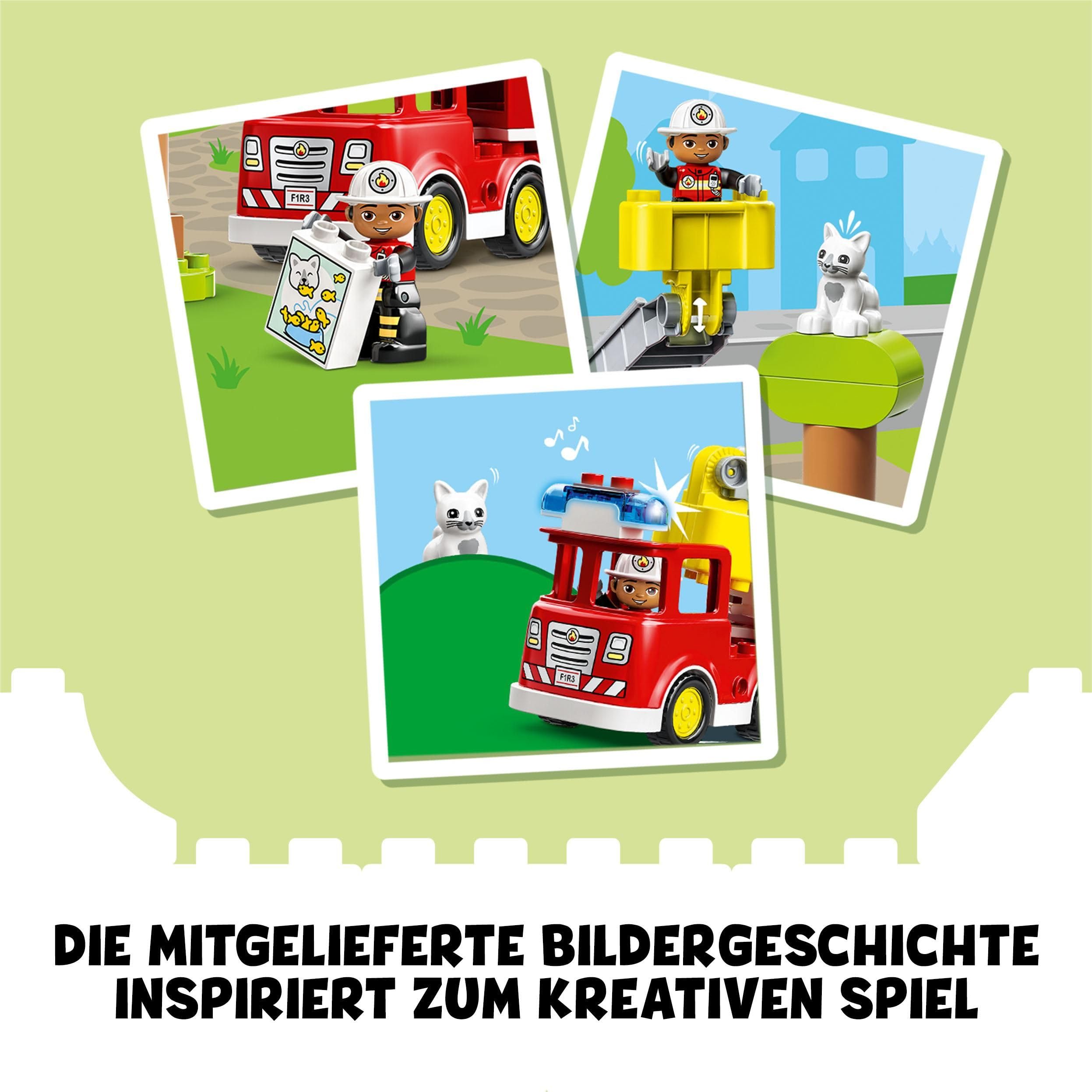 LEGO DUPLO Feuerwehrauto - Minifiguren für Vorschulkinder ab 2 Jahren - Montessori Spielzeug für Kleinkinder mit LKW, Feuerwehrmann, Katze und Baum