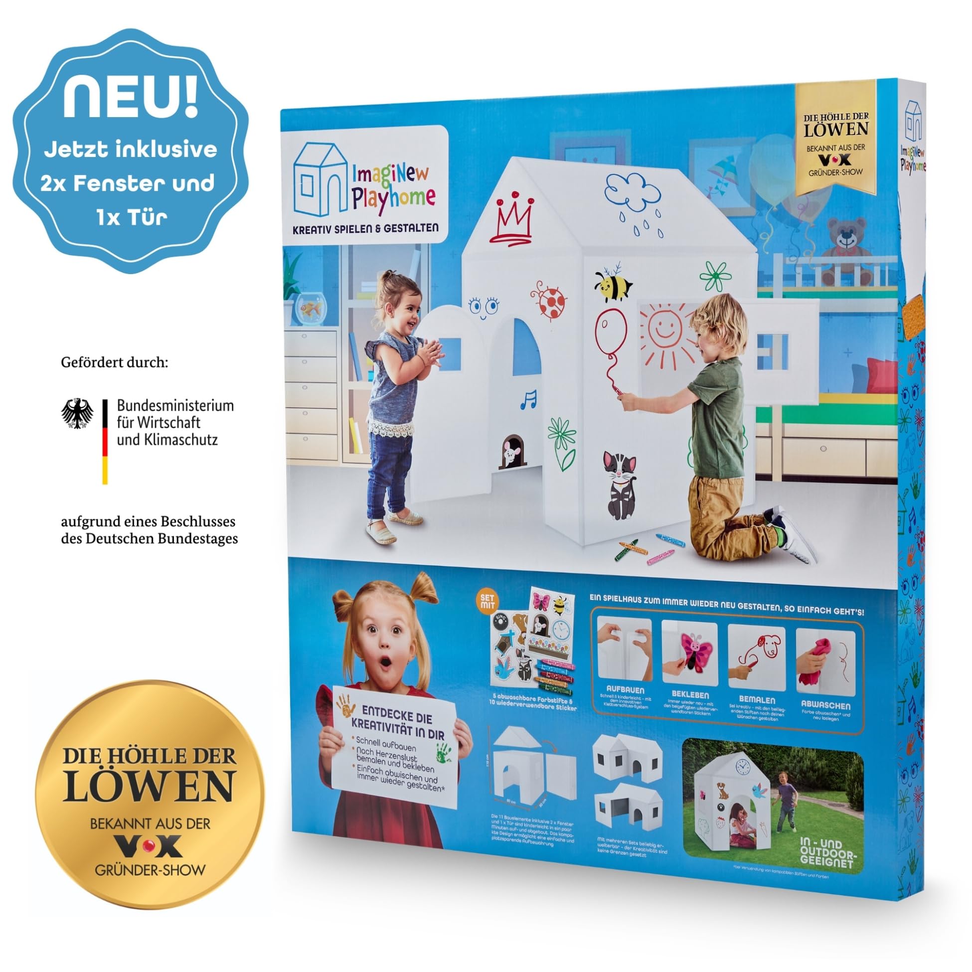 Imagine Playhouse - Immer Wieder neu bemalen & abwischen - Spielhaus Kinder Indoor & Outdoor mit Stiften und Aufkleber - Montessori Spielzeug ab 3