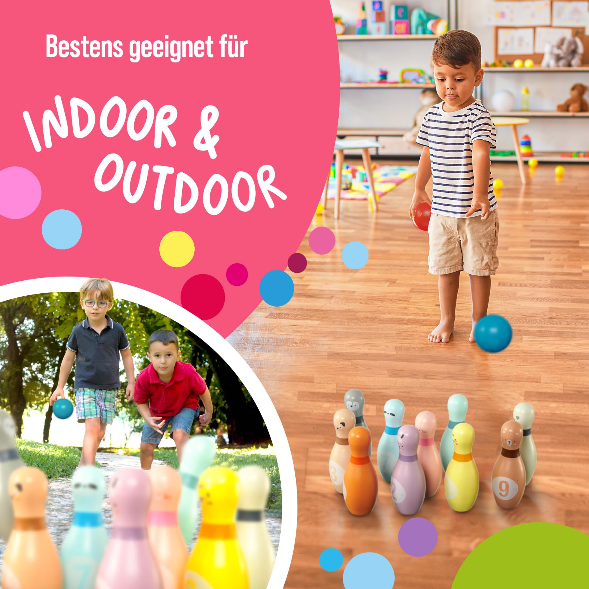 Pink Papaya XL Kegelspiel für Kinder - 12 teiliges Bowling Set, Outdoor & Indoor Spielzeug aus FSC-zertifiziertem Holz, schult & fördert Ihr Kind