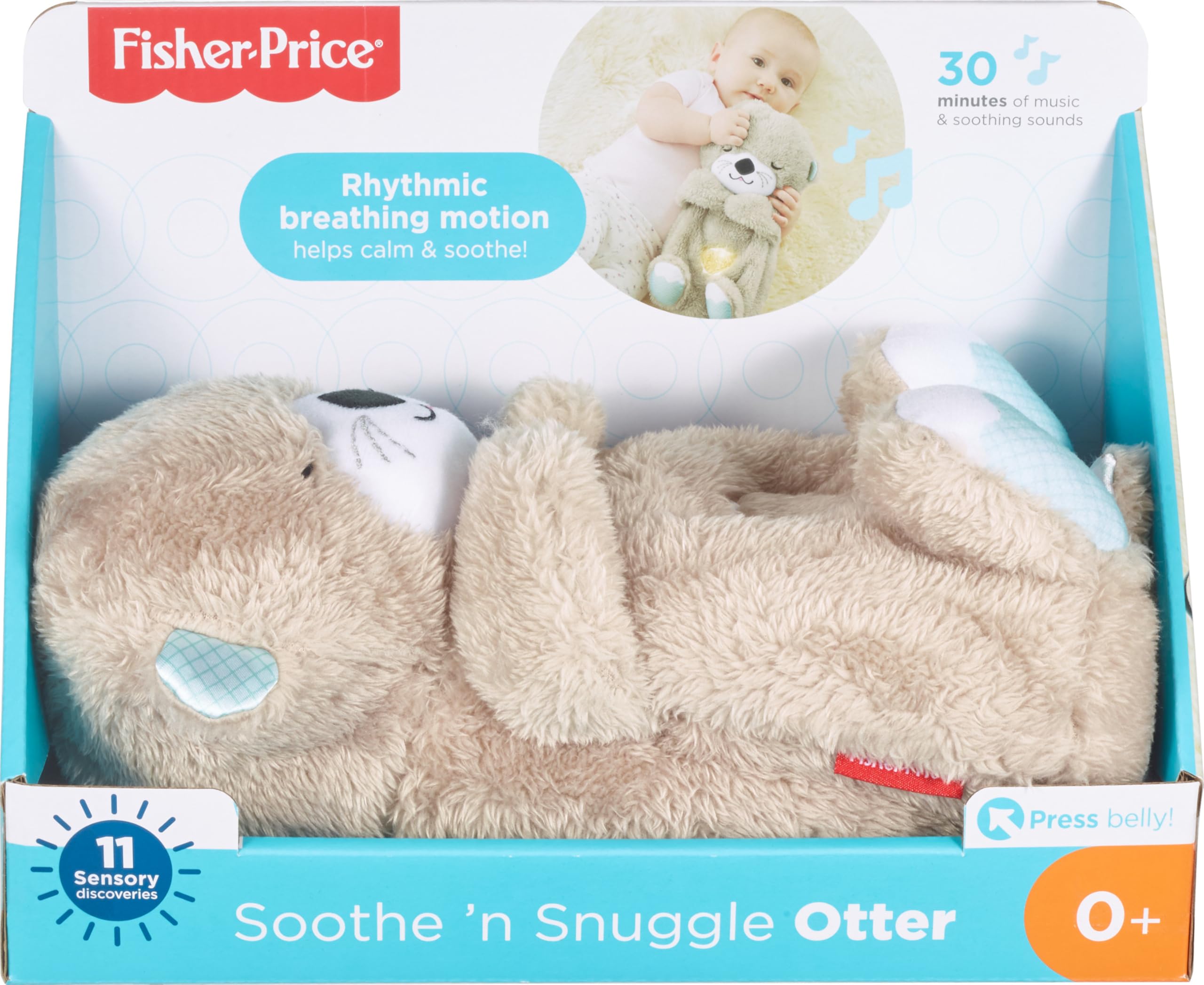 Fisher-Price Schlummer Otter Kuscheltier mit Atembewegung und Musik, Baby Erstausstattung, Neugeborene, Baby Spielzeug ab Geburt, Babyparty