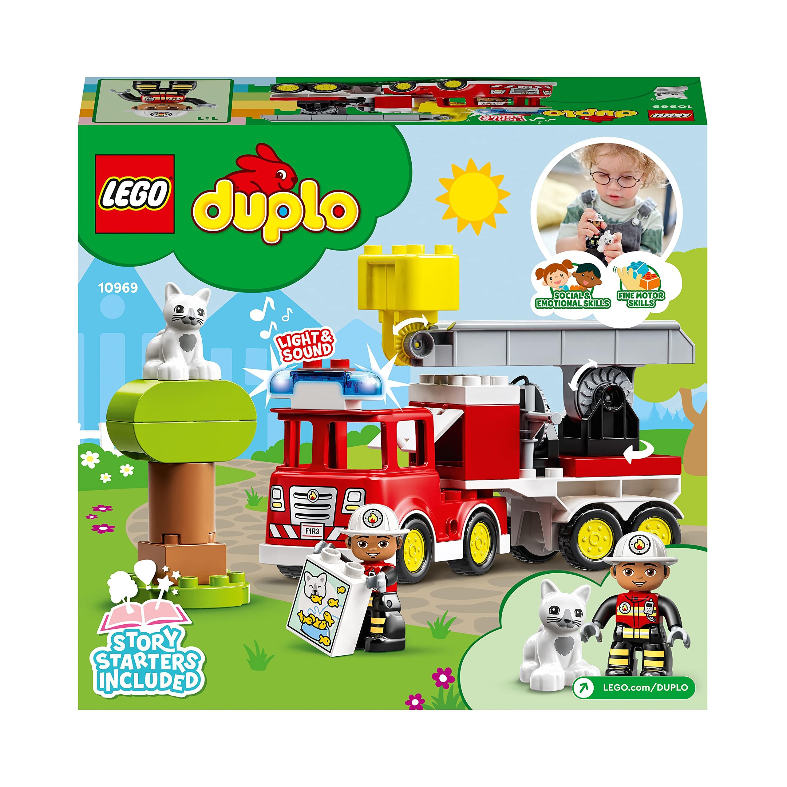 LEGO DUPLO Feuerwehrauto - Minifiguren für Vorschulkinder ab 2 Jahren - Montessori Spielzeug für Kleinkinder mit LKW, Feuerwehrmann, Katze und Baum