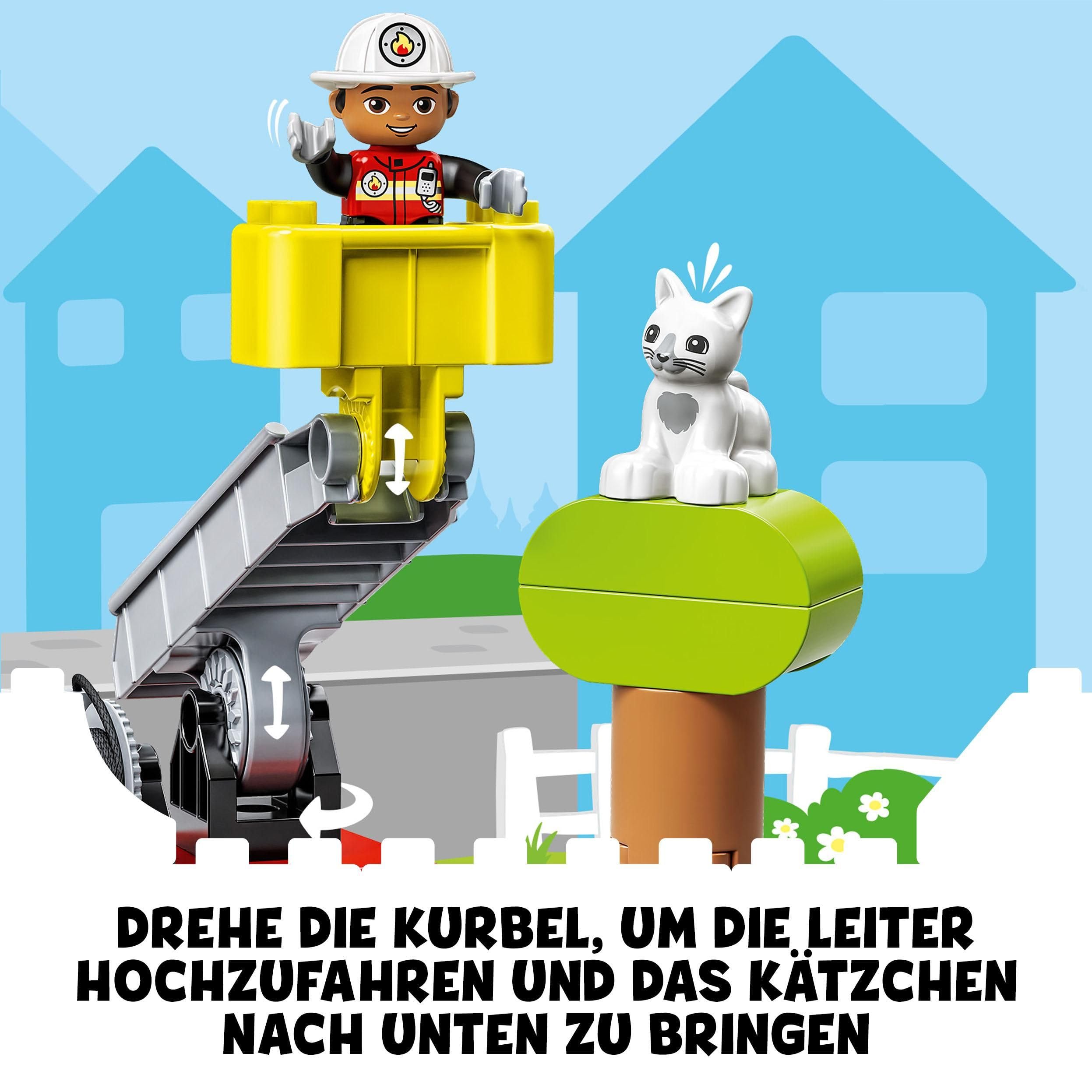 LEGO DUPLO Feuerwehrauto - Minifiguren für Vorschulkinder ab 2 Jahren - Montessori Spielzeug für Kleinkinder mit LKW, Feuerwehrmann, Katze und Baum