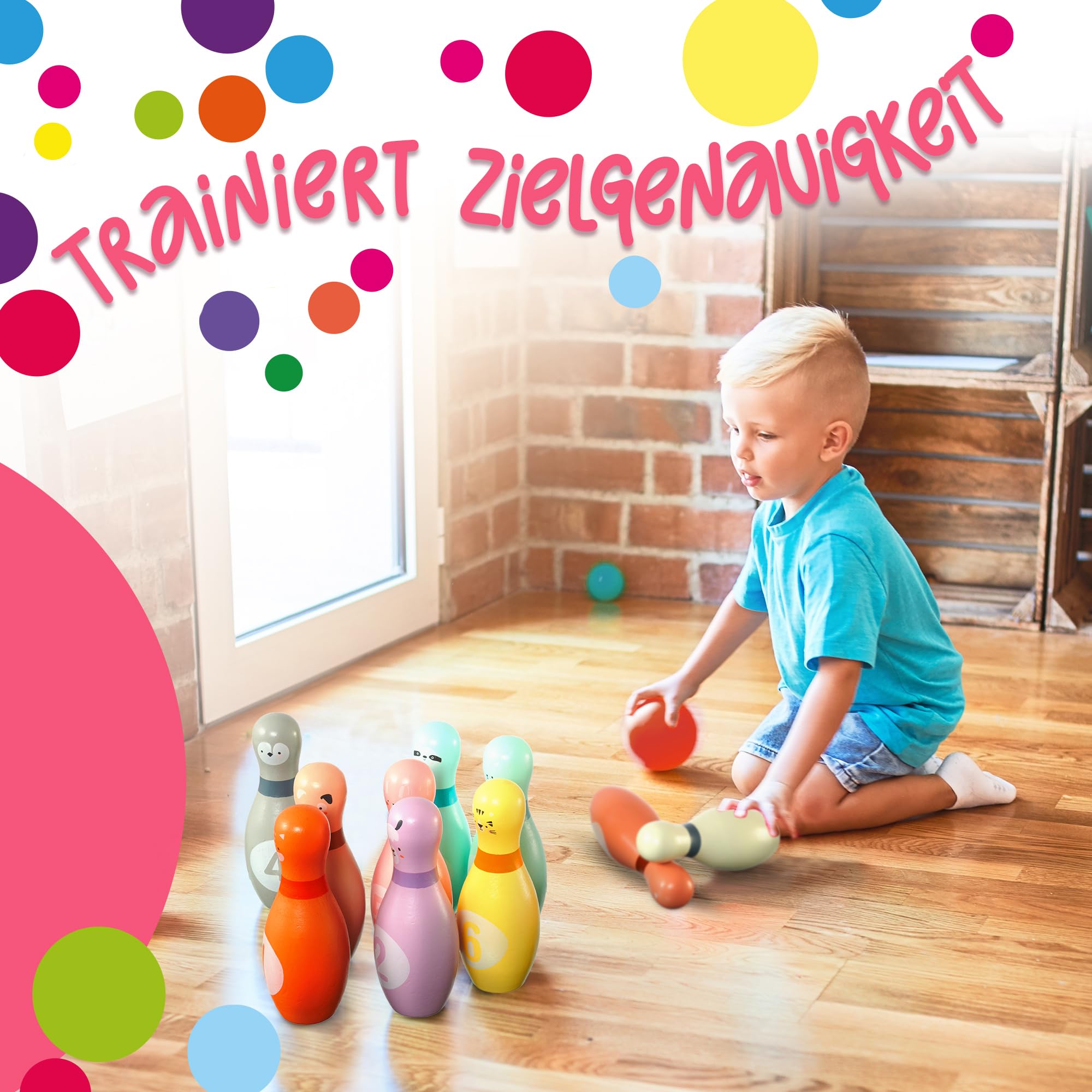 Pink Papaya XL Kegelspiel für Kinder - 12 teiliges Bowling Set, Outdoor & Indoor Spielzeug aus FSC-zertifiziertem Holz, schult & fördert Ihr Kind
