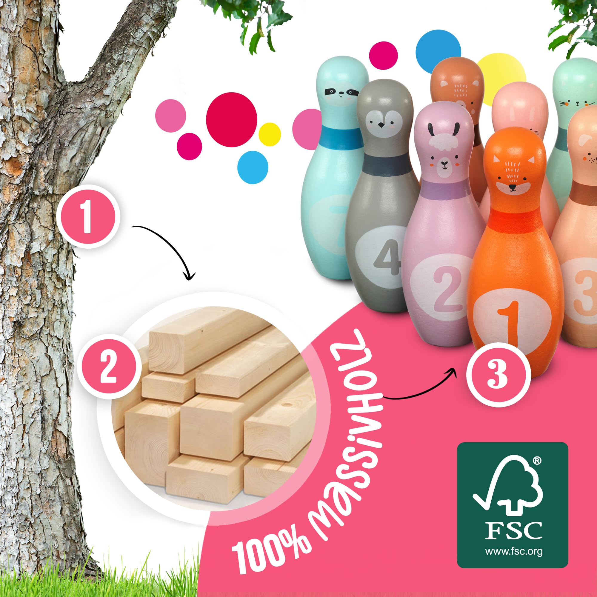 Pink Papaya XL Kegelspiel für Kinder - 12 teiliges Bowling Set, Outdoor & Indoor Spielzeug aus FSC-zertifiziertem Holz, schult & fördert Ihr Kind