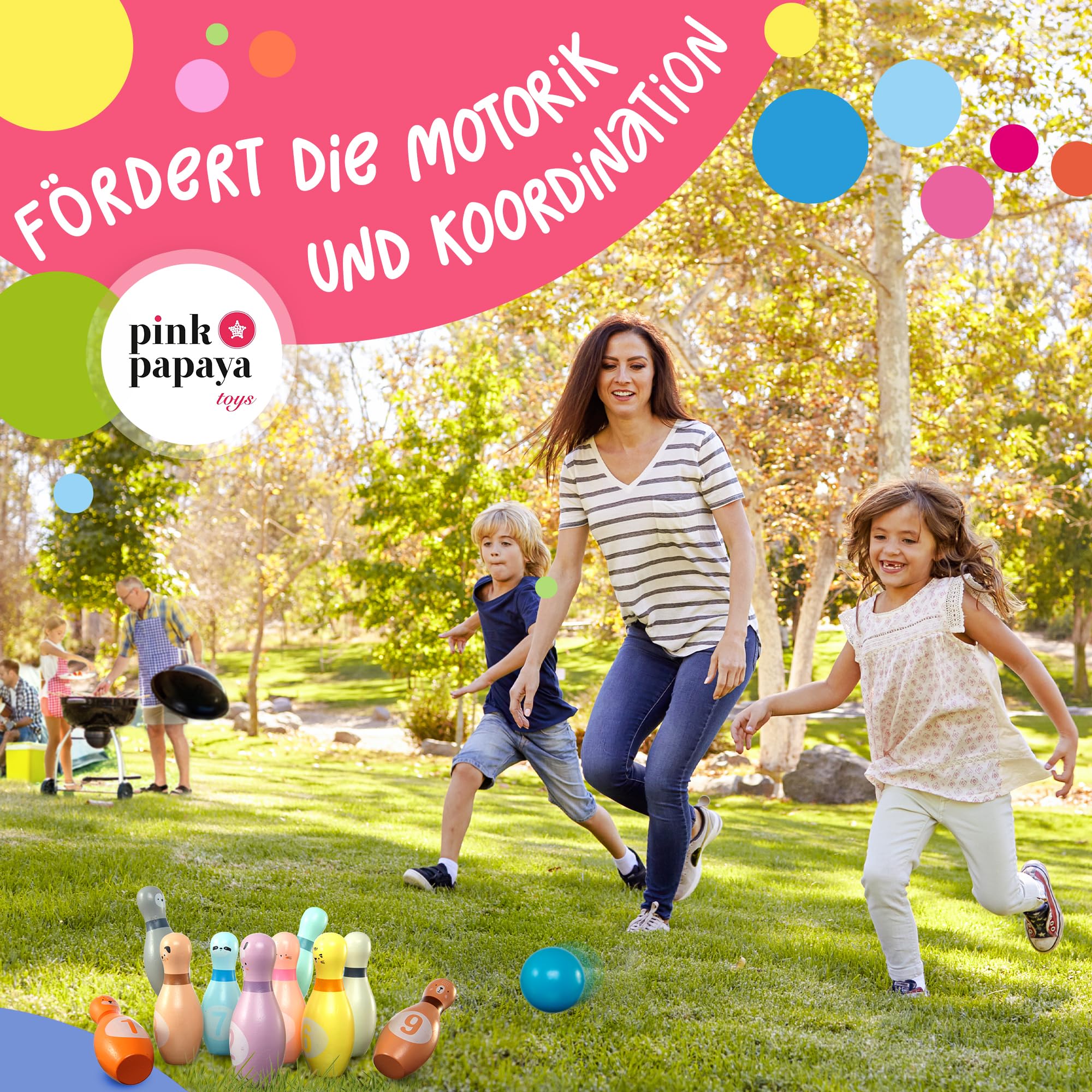 Pink Papaya XL Kegelspiel für Kinder - 12 teiliges Bowling Set, Outdoor & Indoor Spielzeug aus FSC-zertifiziertem Holz, schult & fördert Ihr Kind