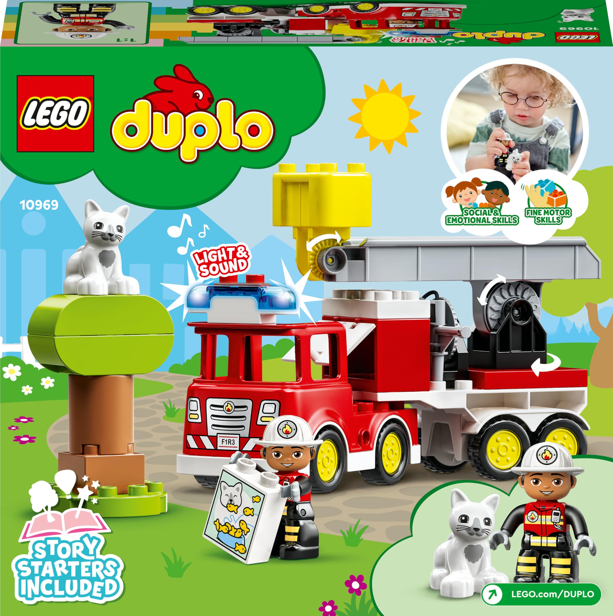 LEGO DUPLO Feuerwehrauto - Minifiguren für Vorschulkinder ab 2 Jahren - Montessori Spielzeug für Kleinkinder mit LKW, Feuerwehrmann, Katze und Baum